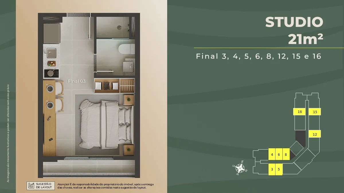 Planta Studio, 21 m² privativos