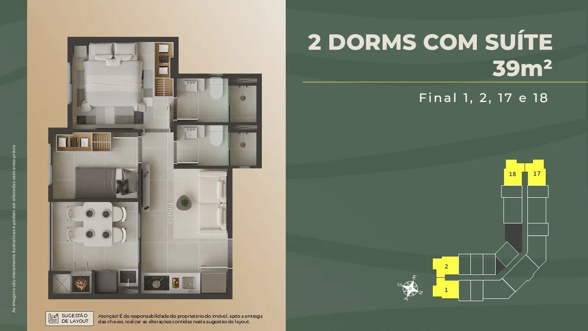 Planta 2 quartos com suíte, 39 m² privativos