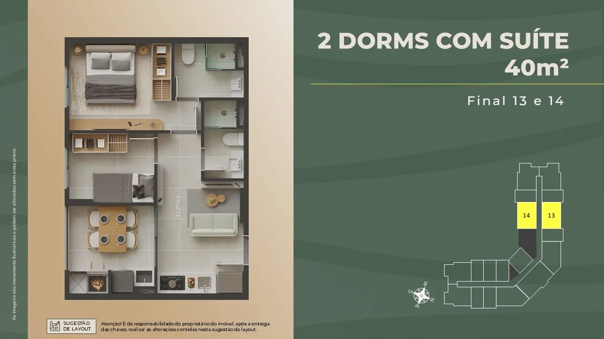 Planta 2 quartos com suíte, 40 m² privativos