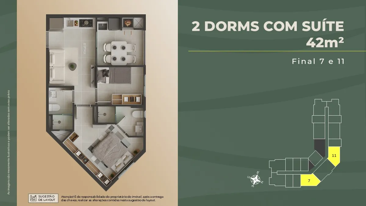 Planta 2 quartos com suíte, 42 m² privativos