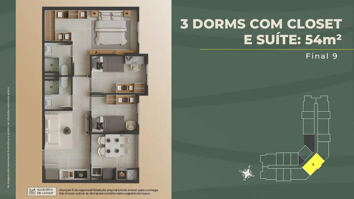Planta 3 quartos com suíte, 54 m² privativos